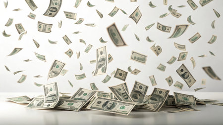 Illustration of falling one hundred dollar bills isolated on white background in studio shotの素材
