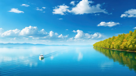 Illustration of motorboat sailing on calm lake with trees and blue sky with cloudsの素材