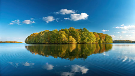 Illustration of autumn trees reflecting in the calm water of a lake on a sunny dayの素材