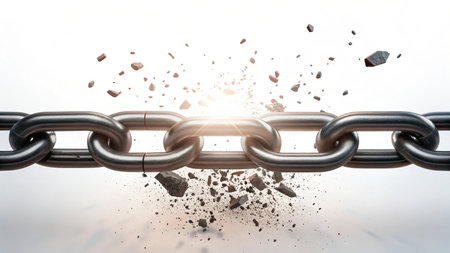 Illustration of a strong metal chain breaking apart with bright light isolated on white backgroundの素材