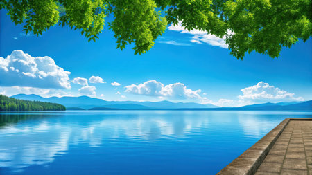Illustration of scenic view of lake with mountains and blue sky with clouds and treesの素材