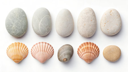 Illustration of collection of sea stones and shells isolated on white background, top viewの素材