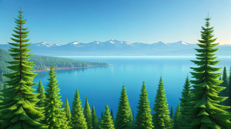 Illustration of lake tahoe landscape with pine tree, mountain and clear blue skyの素材