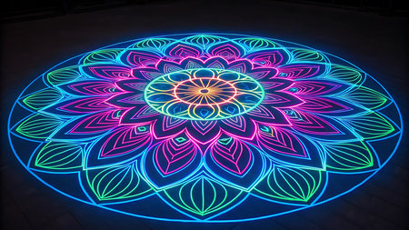 Illustration of neon mandala art on the floor with colorful light in the darkの素材