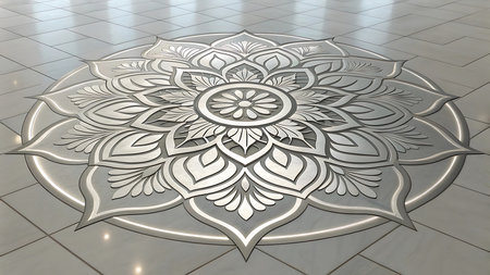 Illustration of elegant silver mandala design on marble floor with intricate floral patternの素材