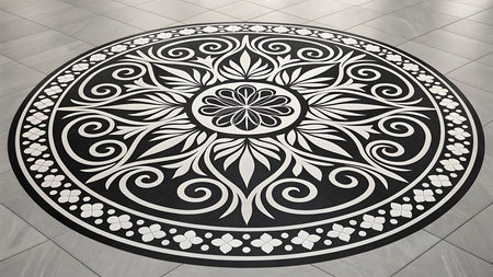 Illustration of black and white mandala design on a floor with intricate floral patternsの素材