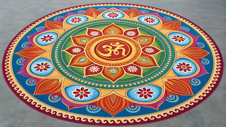 Illustration of colorful rangoli design with om symbol, a traditional indian art formの素材