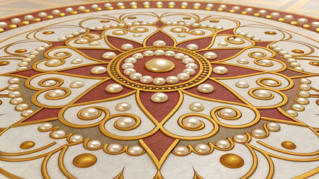 Illustration of ornate floor design with pearl embellishments and floral mandala patternの素材