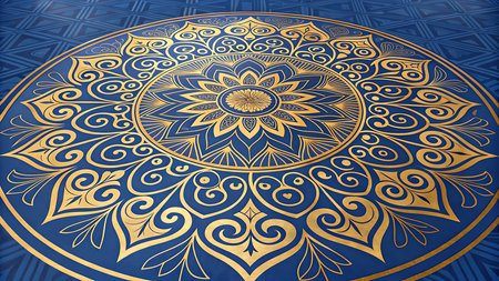 Illustration of elegant blue and gold round rug with a floral mandala designの素材
