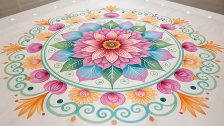 Illustration of beautiful rangoli design on the floor with floral and circular patternsの素材