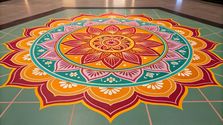 Illustration of colorful mandala pattern on the floor creates a vibrant and artistic displayの素材