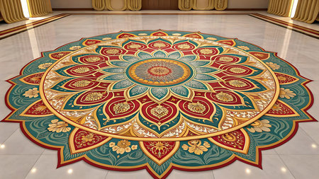 Illustration of intricate mandala floor design with vibrant colors and floral patternsの素材