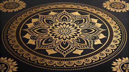 Illustration of golden mandala pattern on black background creates a luxurious and elegant lookの素材