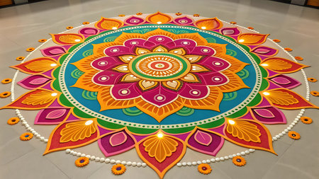 Illustration of intricate rangoli pattern on the floor with vibrant colors and floral motifsの素材