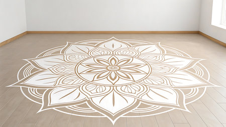 Illustration of large white mandala floor art in a bright room with wooden floorの素材