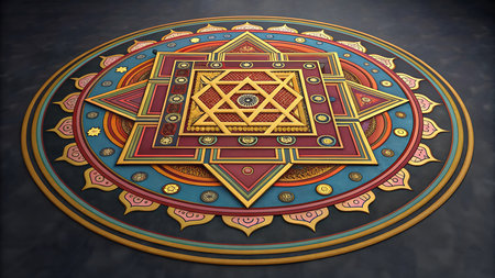 Illustration of elaborate mandala with geometric shapes and rich colors for spiritual practiceの素材