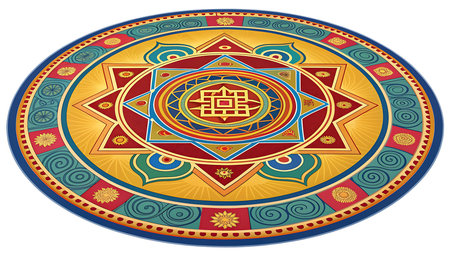 Illustration of colorful mandala isolated on white background with geometric shapesの素材