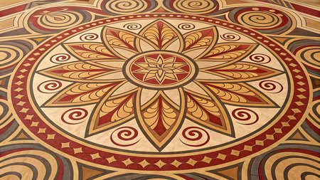 Illustration of elegant floor design with floral mandala pattern and spiral ornamentsの素材