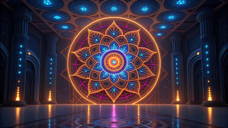 Illustration of glowing mandala in a grand hall radiating spiritual energy and enlightenmentの素材