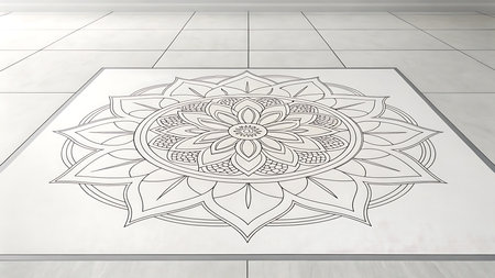 Illustration of monochrome mandala carpet on white tile floor in a bright room, perspectiveの素材