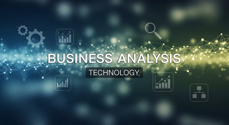 A digital abstract background with glowing particles, gears, charts, and magnifying glasses symbolizing business analysis and technology.の素材