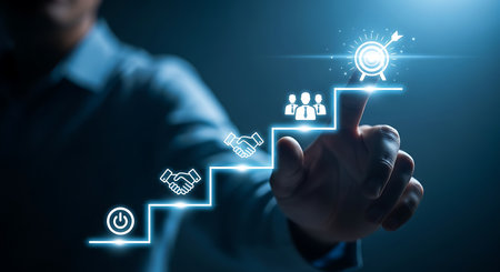 A person's hand interacts with a futuristic digital interface, visualizing a path of progress towards success.の素材