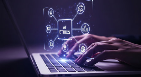 A person's hands are actively typing on a laptop keyboard, with a holographic network diagram of ethics and technology glowing above.の素材