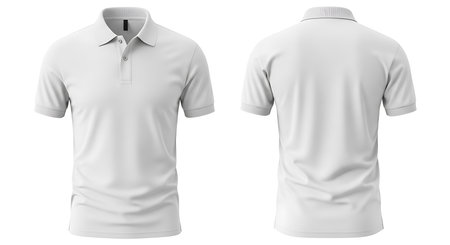 A plain white short-sleeved polo shirt is shown from both the front and the back, isolated on a white backdrop.の素材