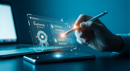 A hand interacts with a glowing holographic screen showcasing digital badges and certificates, representing achievement and recognition.の素材