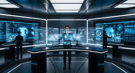 A high-tech control room with glowing blue holographic screens displaying complex data, and silhouetted figures interacting with the interfaces.の素材