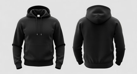 A plain black hooded sweatshirt is shown from both the front and back, presented as a clean mockup.の素材