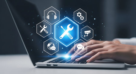 A person's hands typing on a laptop, with a glowing hexagonal interface displaying various technology and support icons.の素材