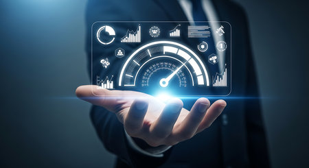A hand holds a glowing tablet showcasing a dynamic dashboard with charts, graphs, and a speedometer.の素材
