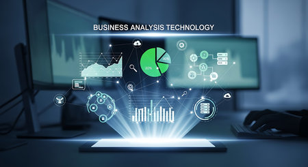 A modern desk setup with holographic data visualizations and charts projected from a tablet, showcasing business analytics and technology.の素材
