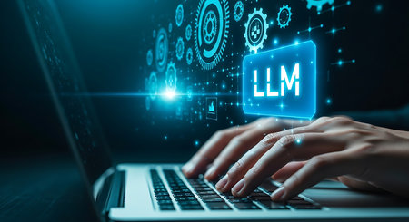 A person's hands are actively typing on a laptop keyboard, with a prominent LLM interface and abstract digital network visuals in the background.の素材