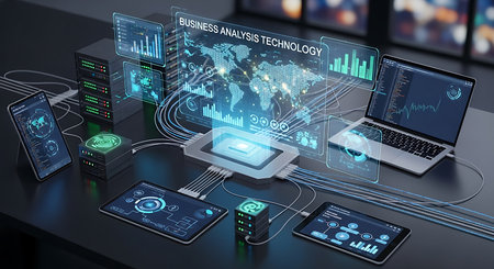 A high-tech desk features a glowing holographic display with complex data visualizations, alongside laptops and tablets for advanced digital interaction.の素材