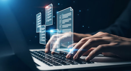 A person's hands are actively typing on a laptop keyboard, with holographic digital documents rising from the screen.の素材