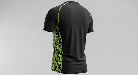 This image shows the back of a black short-sleeved athletic t-shirt featuring a striking green tribal design along the side.の素材
