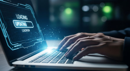 A person's hands actively typing on a laptop keyboard, with a glowing screen showing a progress bar and battery status.の素材