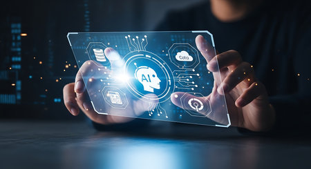 A person's hands hold a transparent tablet with glowing AI and digital interface elements, set against a dark, blurred background.の素材