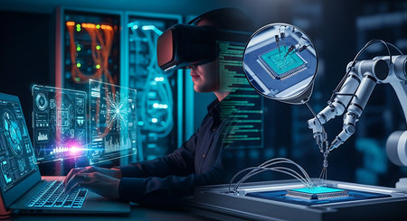 A person wearing a VR headset is immersed in a futuristic digital environment, surrounded by glowing screens and a robotic arm.の素材