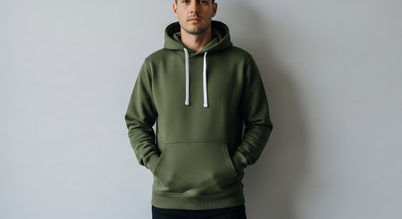 A young man stands casually with his hands in his pockets, wearing a plain olive green hoodie against a light gray background.の素材