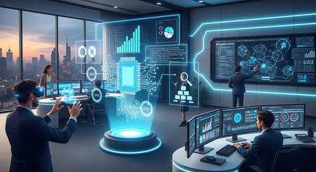 Modern technology hub with glowing blue interfaces, data visualizations, and people interacting with advanced systems.の素材