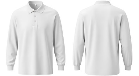 A crisp white long sleeve polo shirt is shown from both the front and back on a plain background.の素材