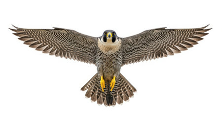 Illustration of peregrine falcon in flight isolated on white background with open wingsの素材