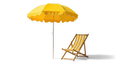 Illustration of yellow beach umbrella and deck chair isolated on white backgroundの素材