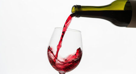 Illustration of pouring red wine into glass isolated on white background in studio shotの素材