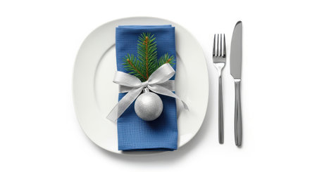 Illustration of festive christmas table setting isolated on white background with decorationの素材