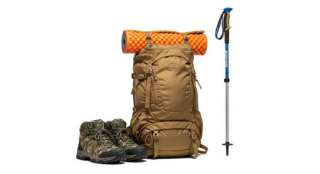 Illustration of hiking equipment isolated on white background, ready for the next adventureの素材