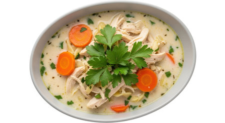 Illustration of bowl of creamy chicken noodle soup isolated on white background, top viewの素材